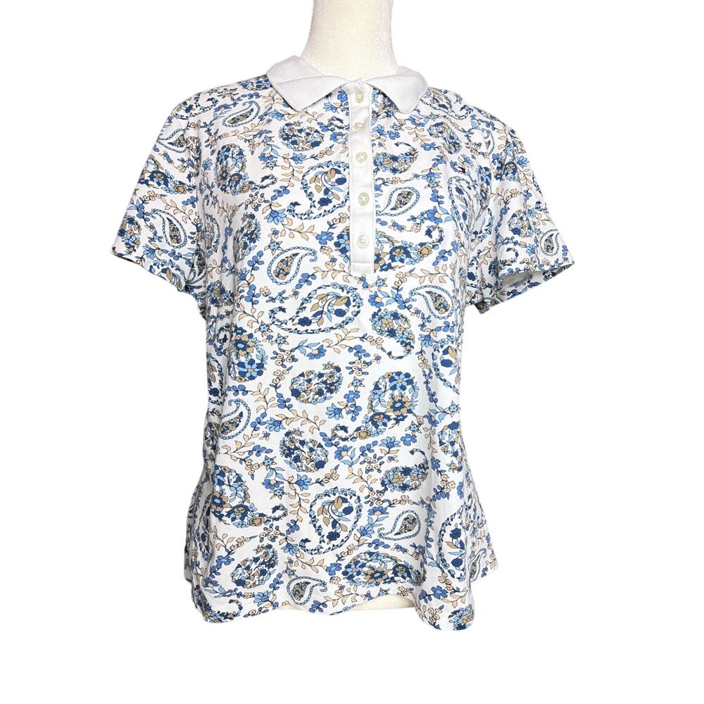 Tommy Hilfiger Women’s Paisley Floral Polo Shirt Blue White Short Sleeve Size L‎